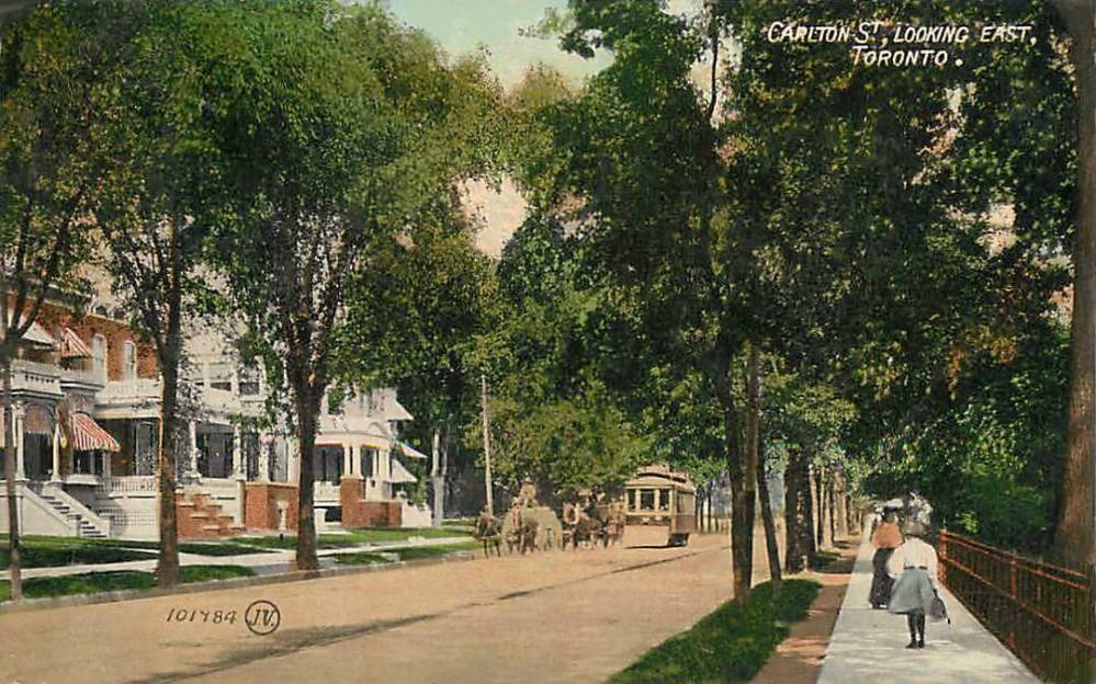 AA POSTCARD - TORONTO - CARLTON STREET - LOOKING E PEDESTRIANS - STREETCAR - WAGONS- TINTED - 1908