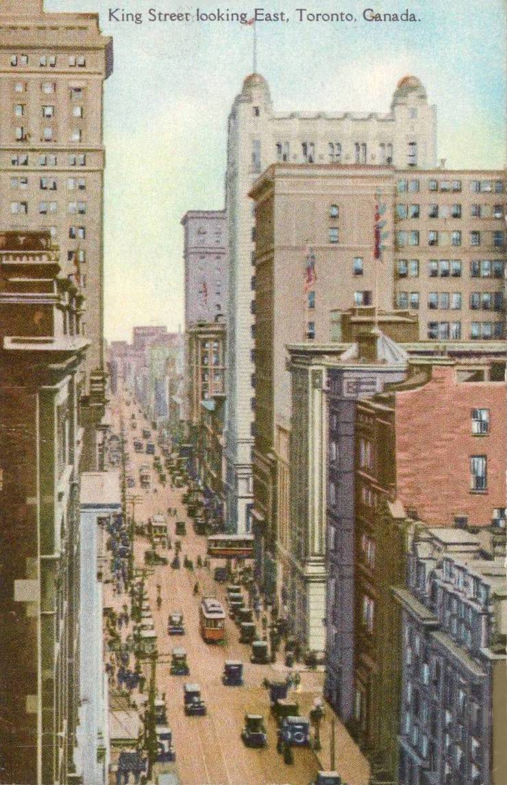 AA POSTCARD - TORONTO - KING STREET - LOOKING E - AERIAL PANORAMA - CARS - STREETCARS - TINTED - 1920s