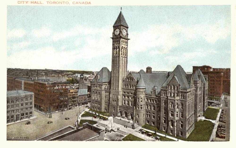 xx postcard - toronto - city hall - queen and bay - aerial panorama looking nw - tinted - 1920s