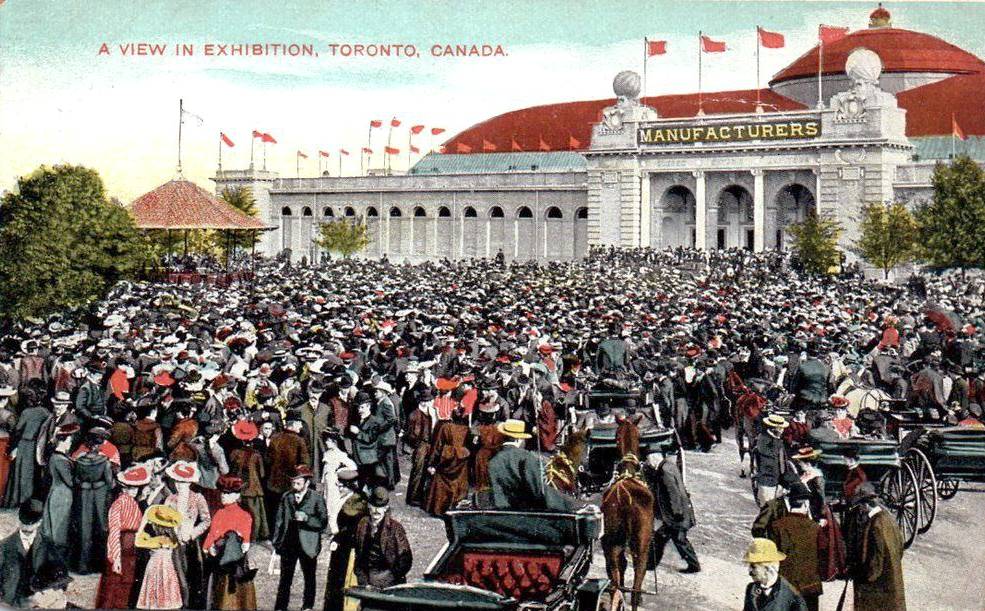 xx postcard - toronto - exhibition - huge crowd and buggies in front of manufacturers building - note a lot of women wearing red - tinted - c1910