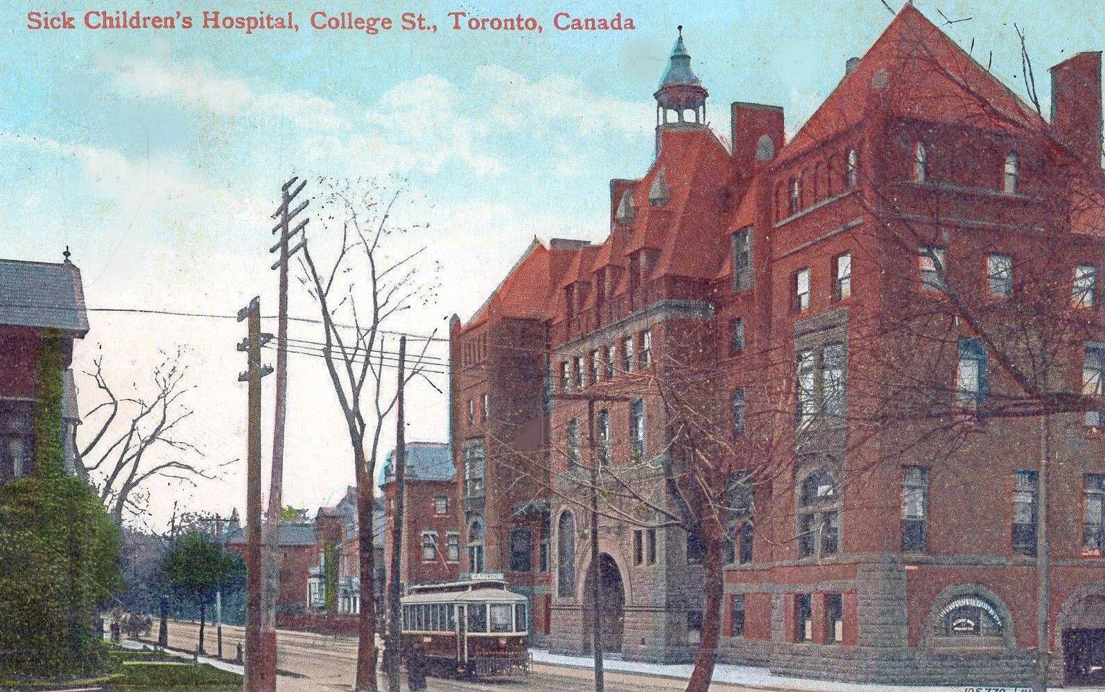 xx postcard - toronto - sick children's hospital - college and elizabeth - streetcar in front - tinted - 1913