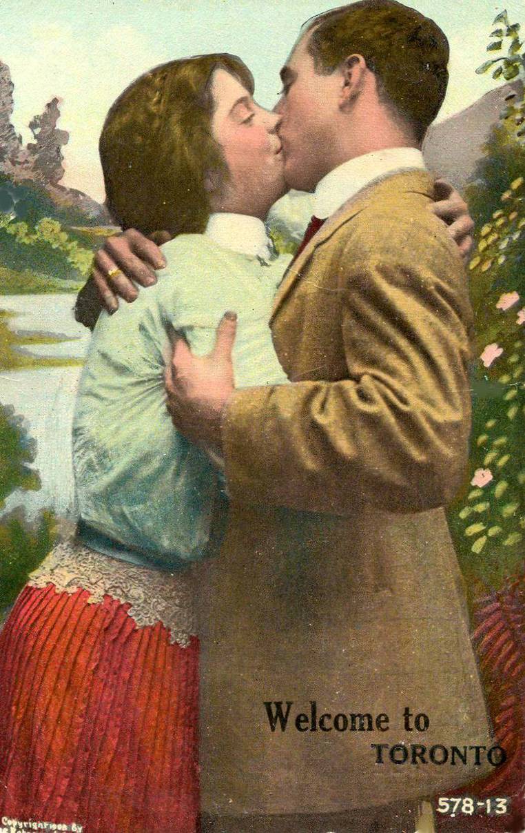 xx postcard - toronto - welcome to toronto - man and woman kissing in front of countryside mural - tinted - 1911