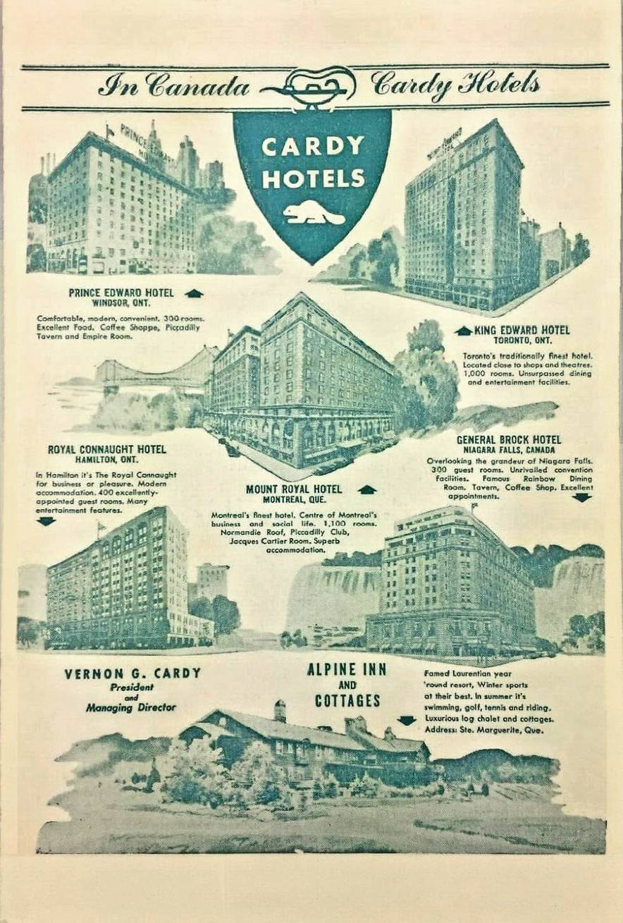 MENU - TORONTO - KING EDWARD HOTEL - 37 KING E - WHEN A CARDY HOTEL - VICTORIA ROOM- LUNCHEONS - BACK SHOWING VARIOUS CARDY HOTELS - 1949