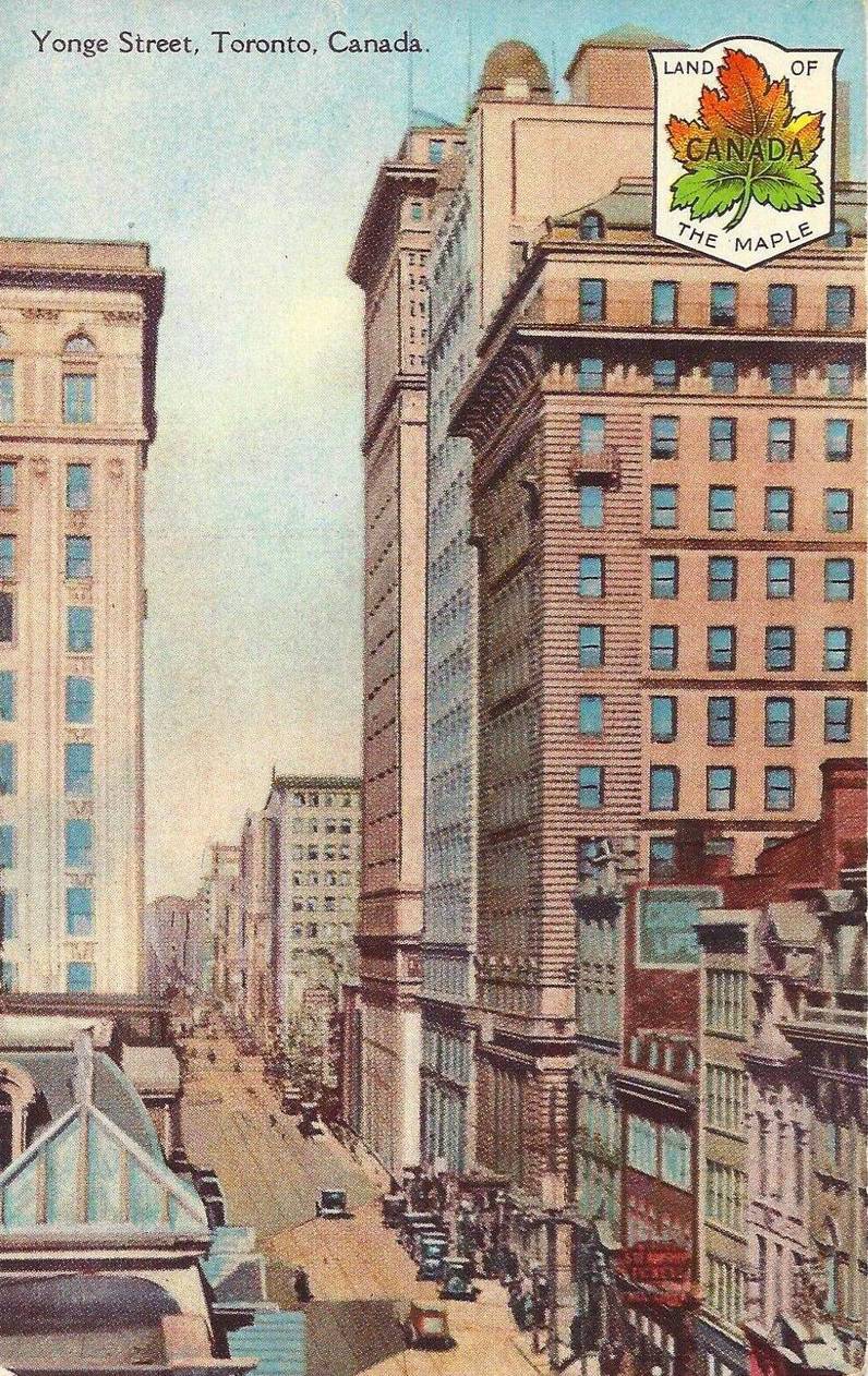 POSTCARD - TORONTO - YONGE STREET - AERIAL VIEW LOOKING N FROM BELOW KING - LAND OF MAPLE LEAF SERIES - TINTED - C 1926