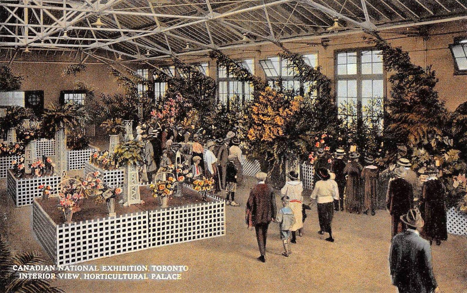 POSTCARD - TORONTO - EXHIBITION - HORTICULTURE PALACE INTERIOR - PEOPLE WALKING THROUGH FLORAL DISPLAYS - TINTED - REALLY NICE VERSION - c1920